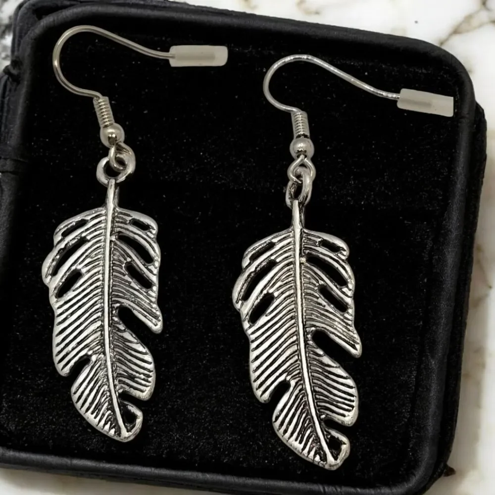 Tribal Eagle Feather Dangle Drop Earrings Boho Native American Jewelry Silver